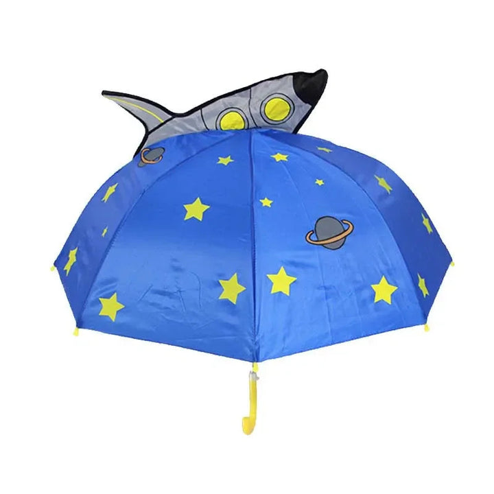 Blue rocket umbrella with yellow stars, planet graphics, and a yellow handle