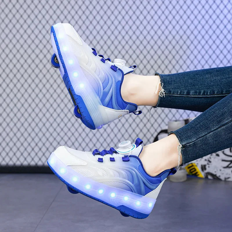Blue-and-white roller sneakers with illuminated soles and visible wheels