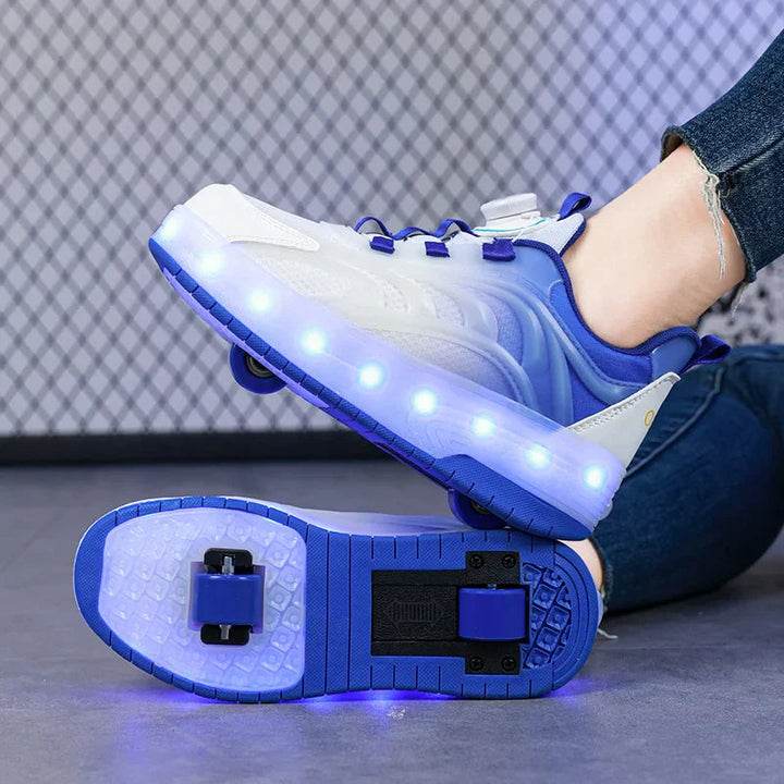 Blue roller sneakers shown from the side and underneath, revealing two wheels in the outsole