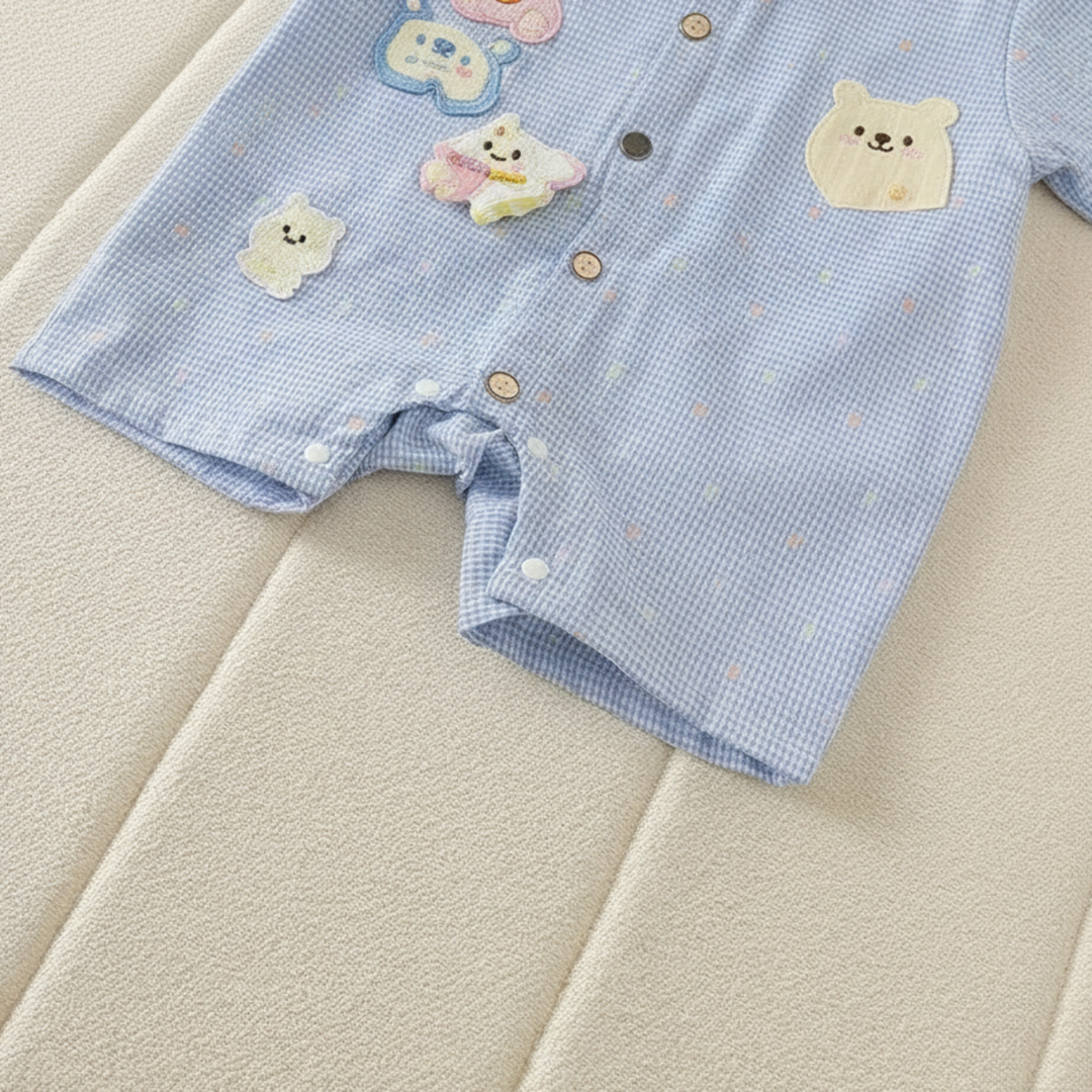 Close-up of a blue baby romper showing bear details, short legs, and snap closures