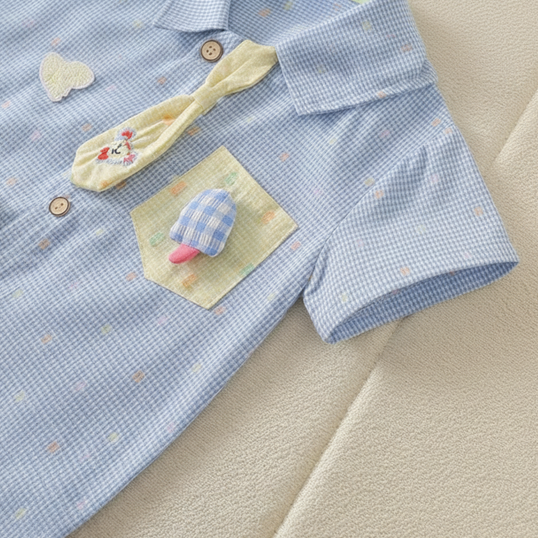 Blue baby romper detail showing the yellow decorative tie and raised mushroom appliqué on the chest pocket