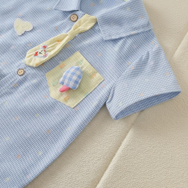 Blue baby romper detail showing the yellow decorative tie and raised mushroom appliqué on the chest pocket