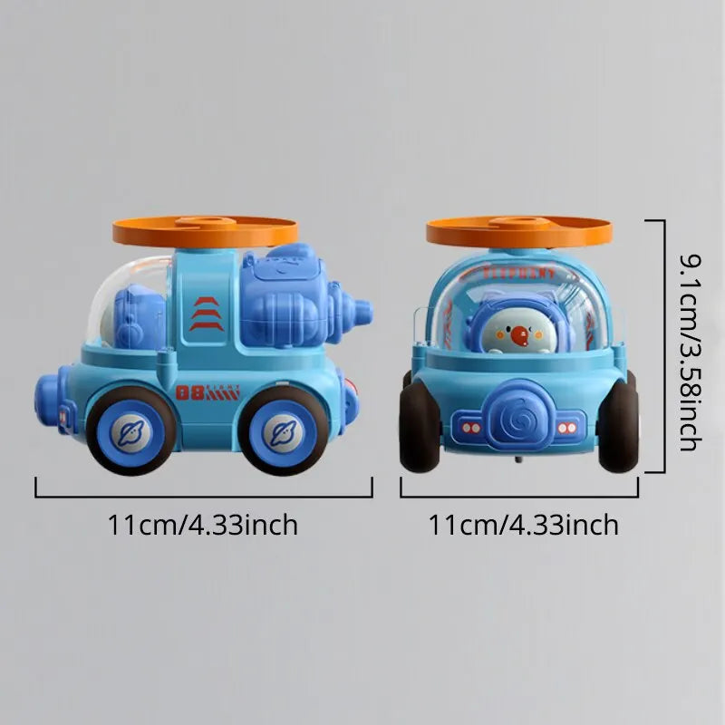 Blue toy car shown from the side and front with 11 x 11 x 9.1 cm measurements