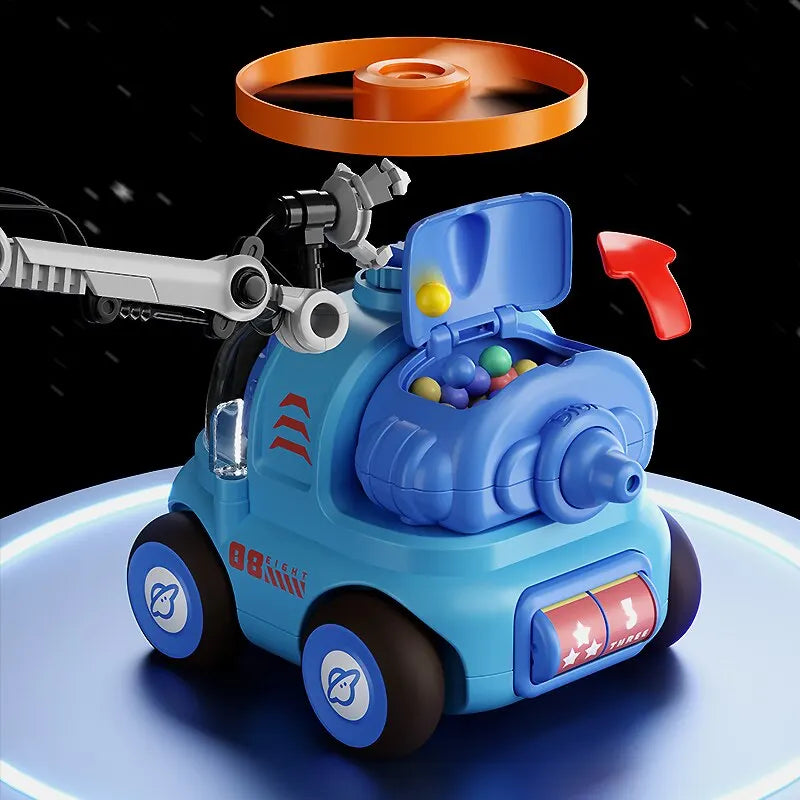 Blue toy car with its top hatch open and an orange rotor shown lifting above it