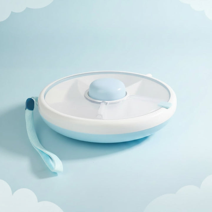 Blue round snack box with a clear lid, center button, and matching wrist strap
