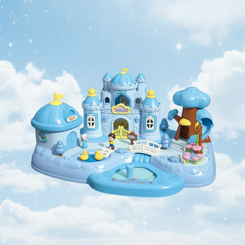 Blue Royal Palace playset with towers, a bridge, tree slide and figure-control area