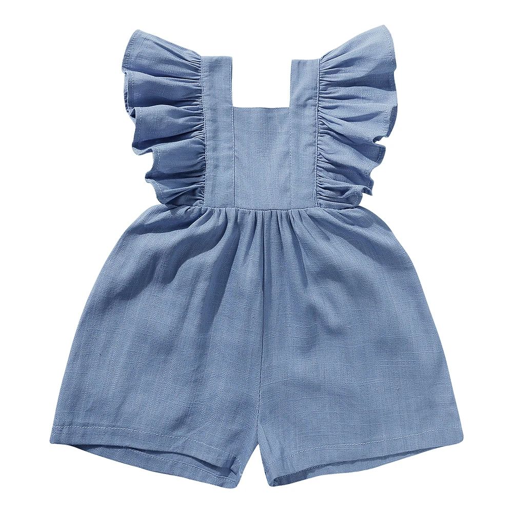Blue baby romper with a square neckline, ruffled shoulder straps, and short legs.