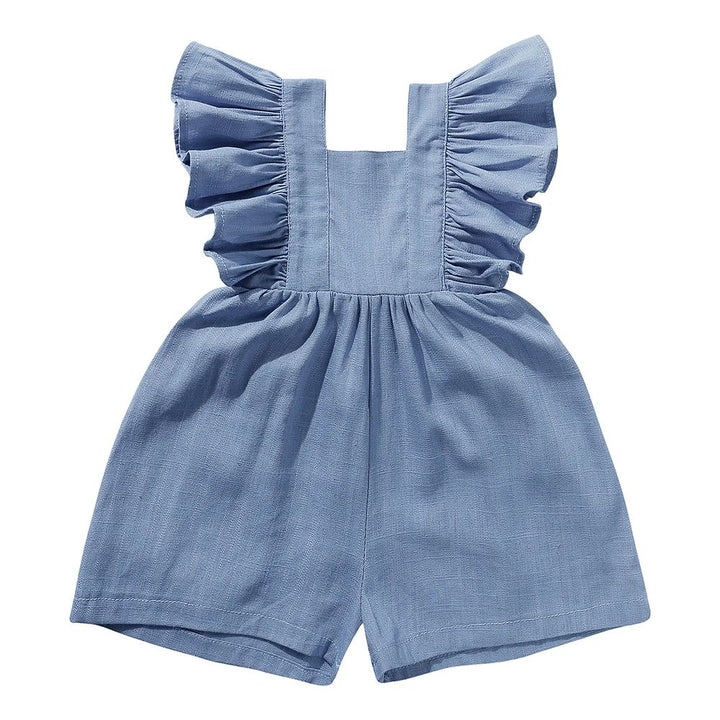 Blue baby romper with a square neckline, ruffled shoulder straps, and short legs.