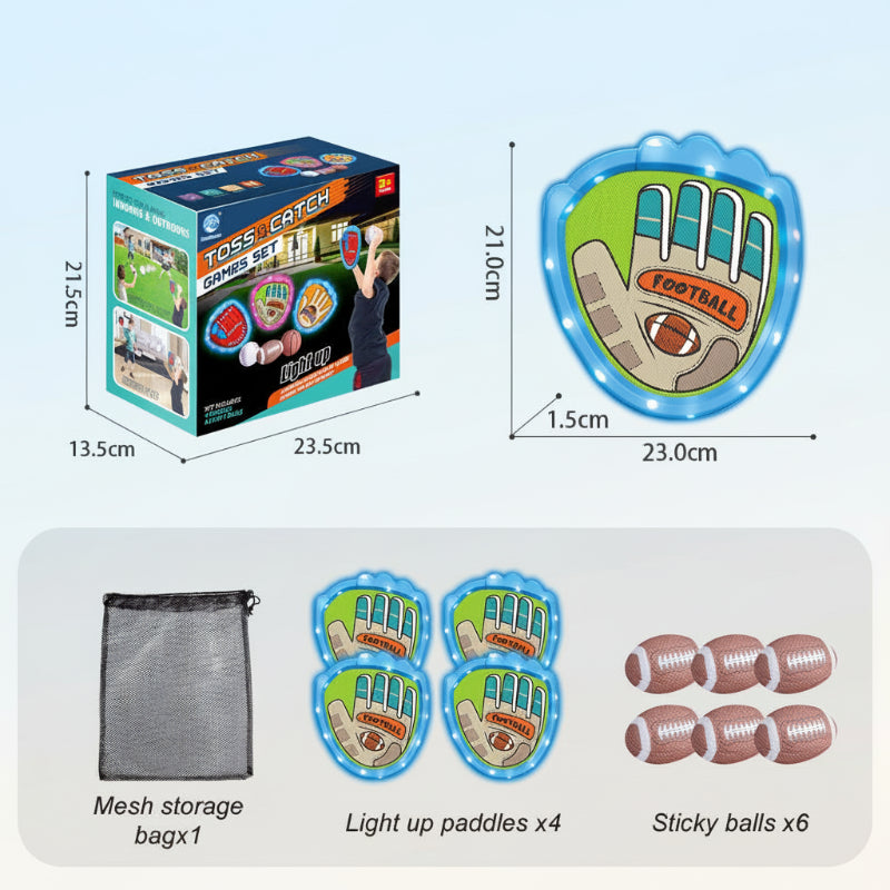 Blue rugby-style catch set with four paddles, six oval balls, and a mesh bag