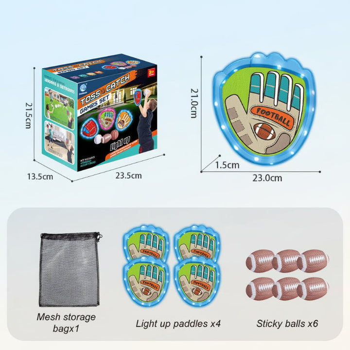 Blue rugby-style catch set with four paddles, six oval balls, and a mesh bag