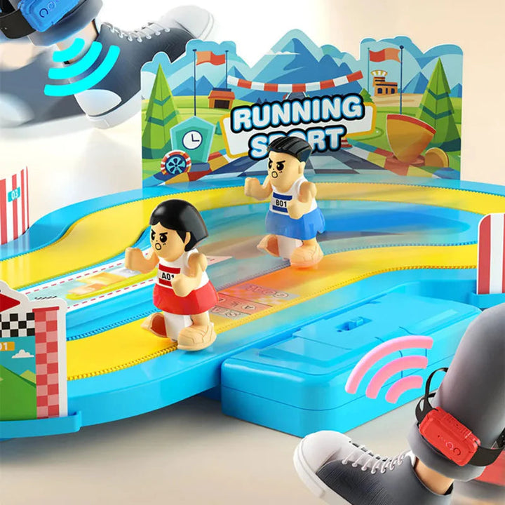 Blue racing track with two runner figures and wireless sensors shown near players&