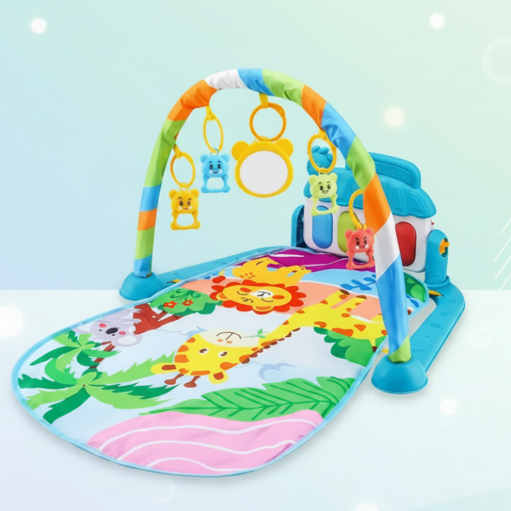 Blue baby play gym with a safari animal mat, multicolored arch, and round mirror