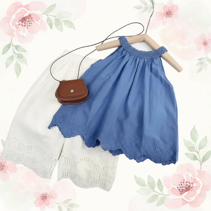 Blue gathered-neck sleeveless top with a scalloped hem and white lace-trimmed pants