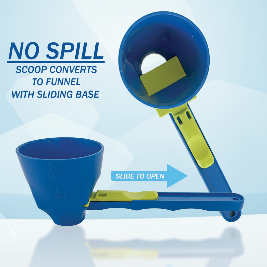 Blue measuring scoop showing how its green sliding base opens to create a funnel