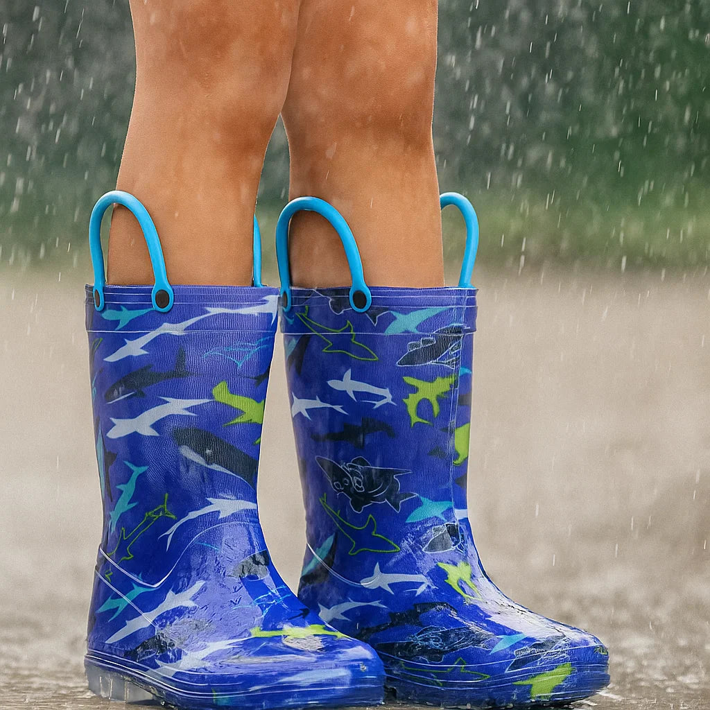 Child standing in the rain wearing blue shark-print boots with blue loops