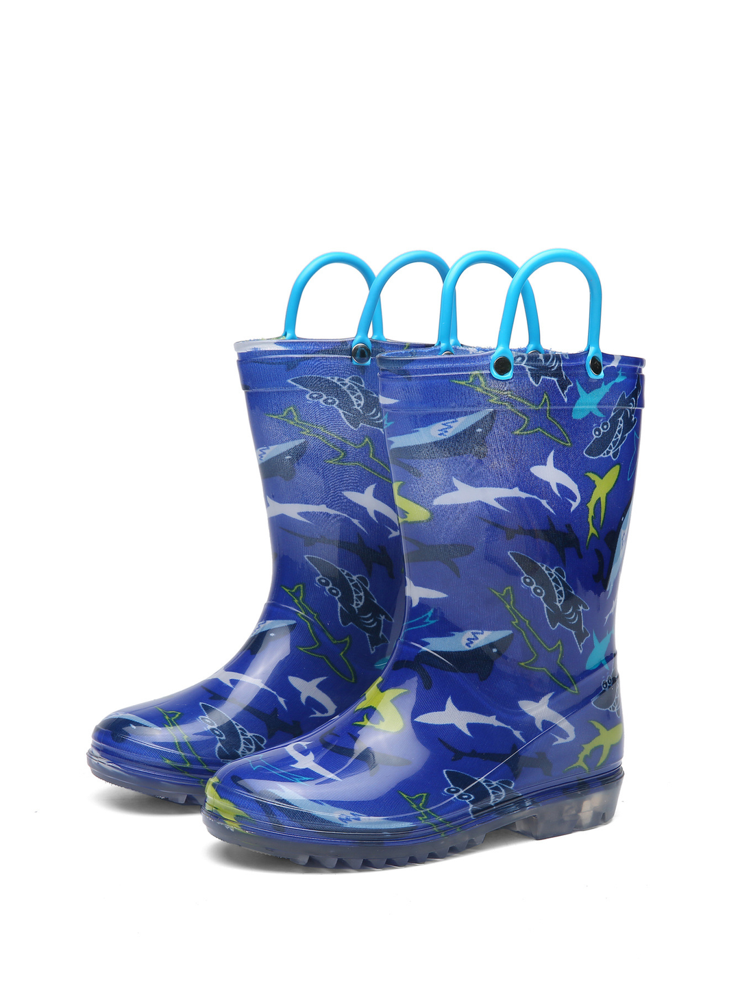 Pair of blue shark-print rain boots with blue pull-on loops