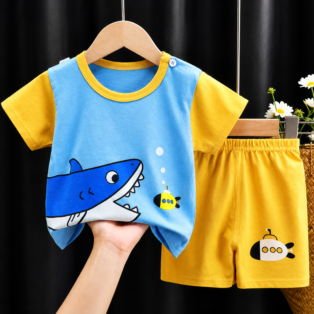 Blue shark-print shirt with yellow sleeves and coordinating yellow shorts.