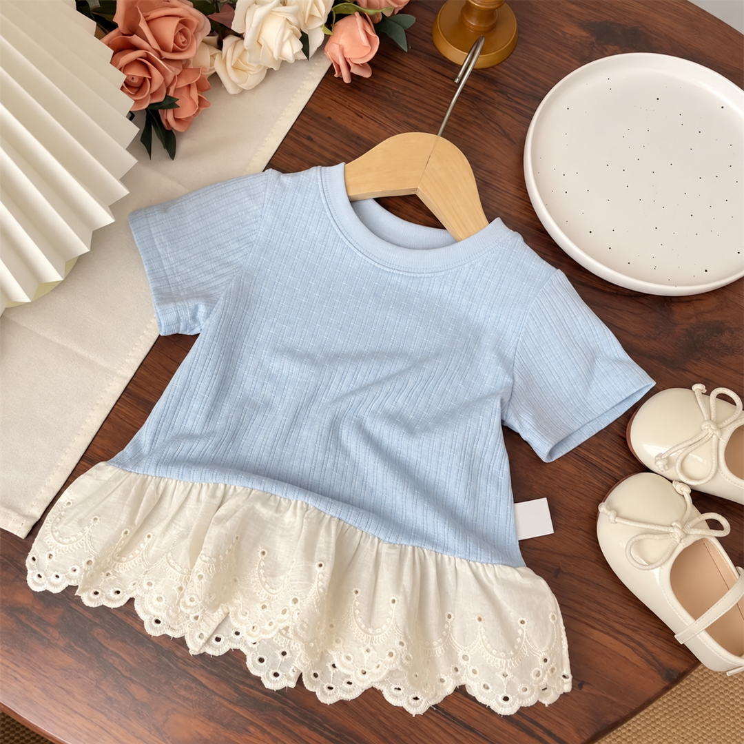 Blue short-sleeve cotton T-shirt with a white scalloped lace hem.