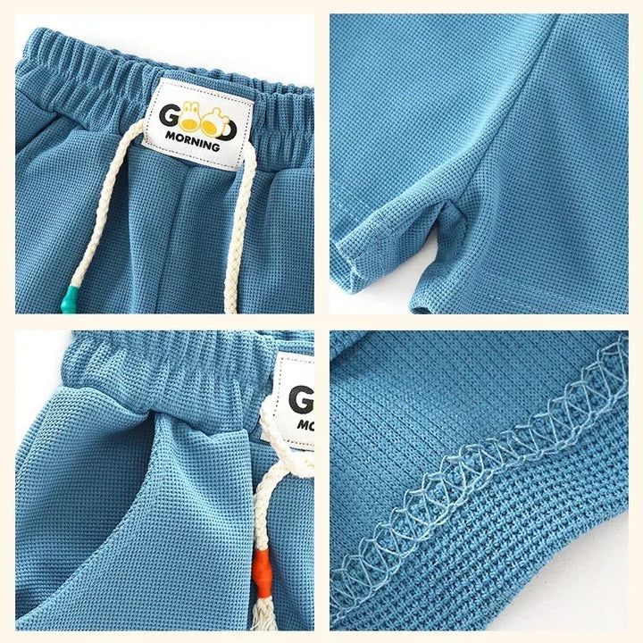 Close-up views of blue shorts showing the elastic waist, drawstring, pocket and fabric stitching