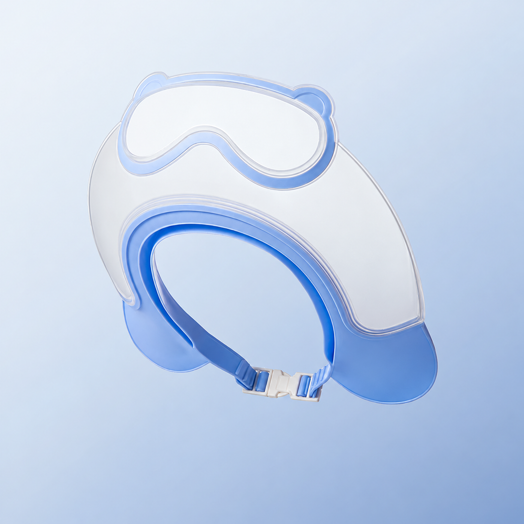Blue baby shower cap with a clear curved face rim and adjustable buckle strap