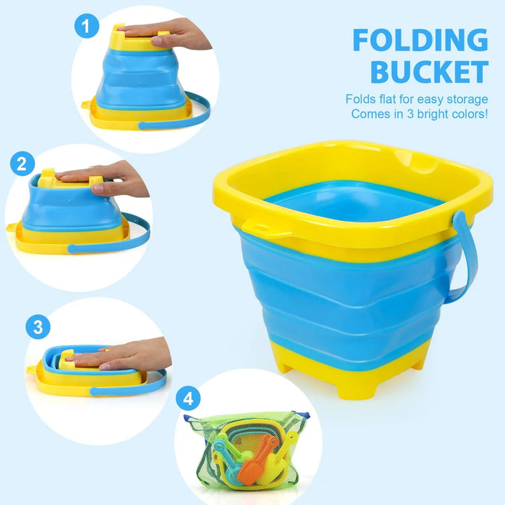 Blue beach bucket with yellow trim beside step-by-step folding instructions