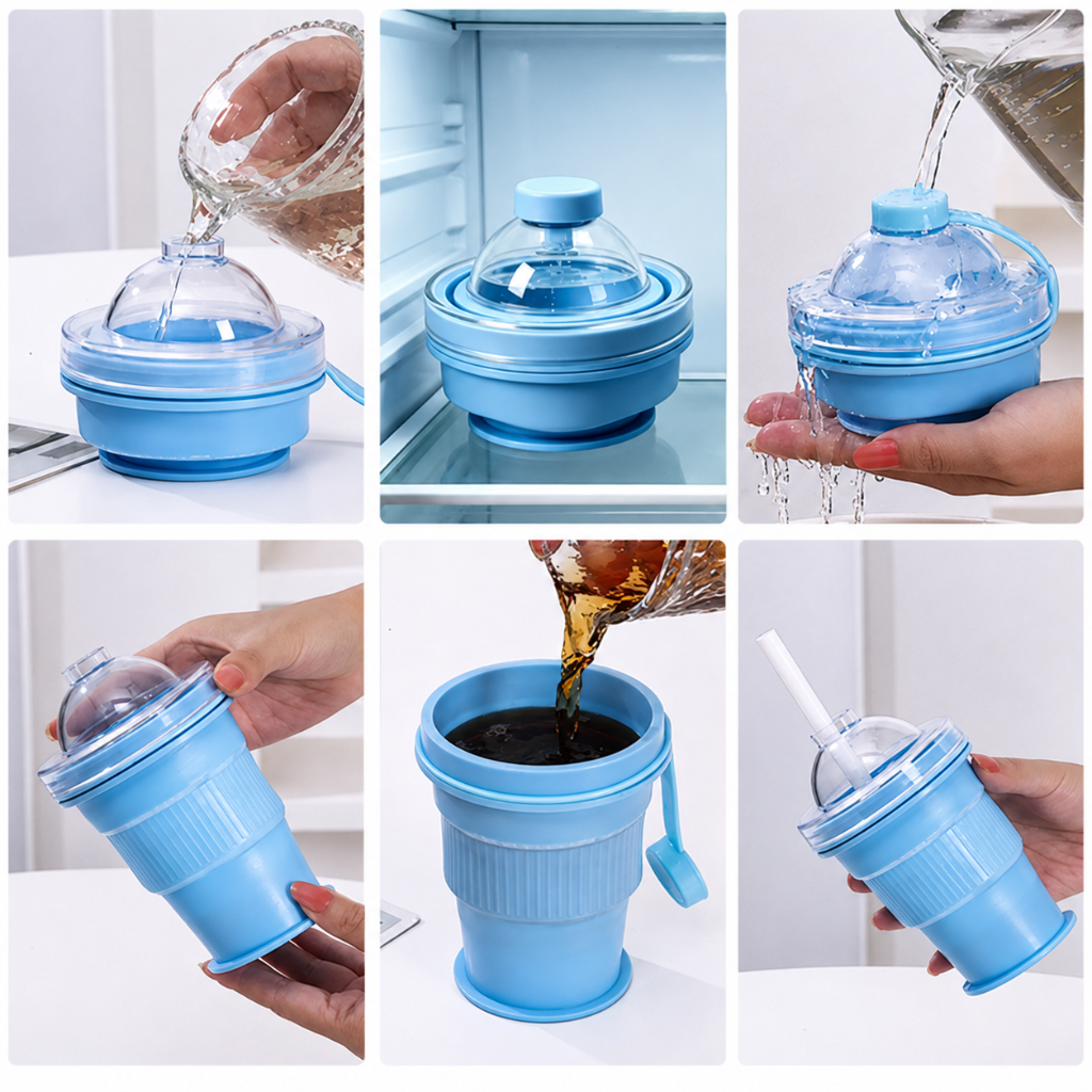 Blue silicone cup in a collage showing filling, rinsing, refrigerator storage, and straw use