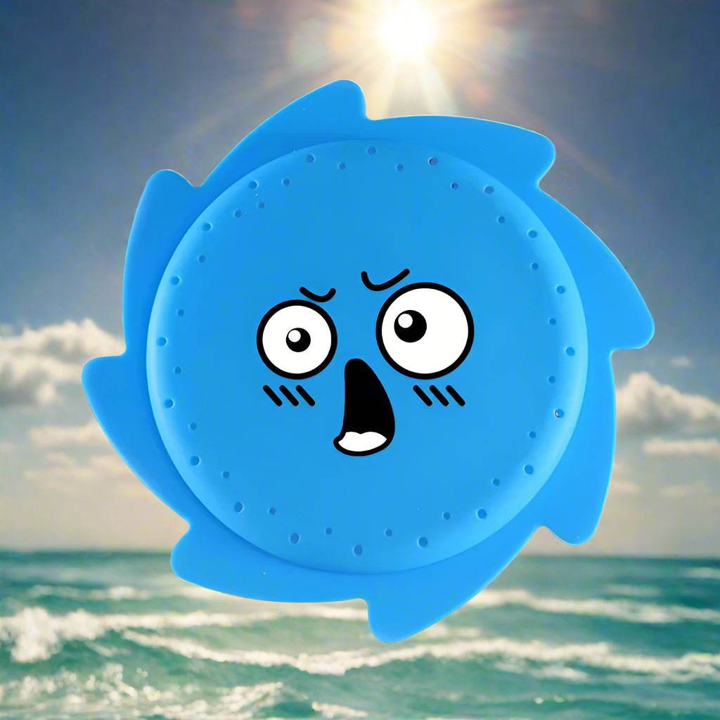 Blue silicone water flying disc with a surprised cartoon face