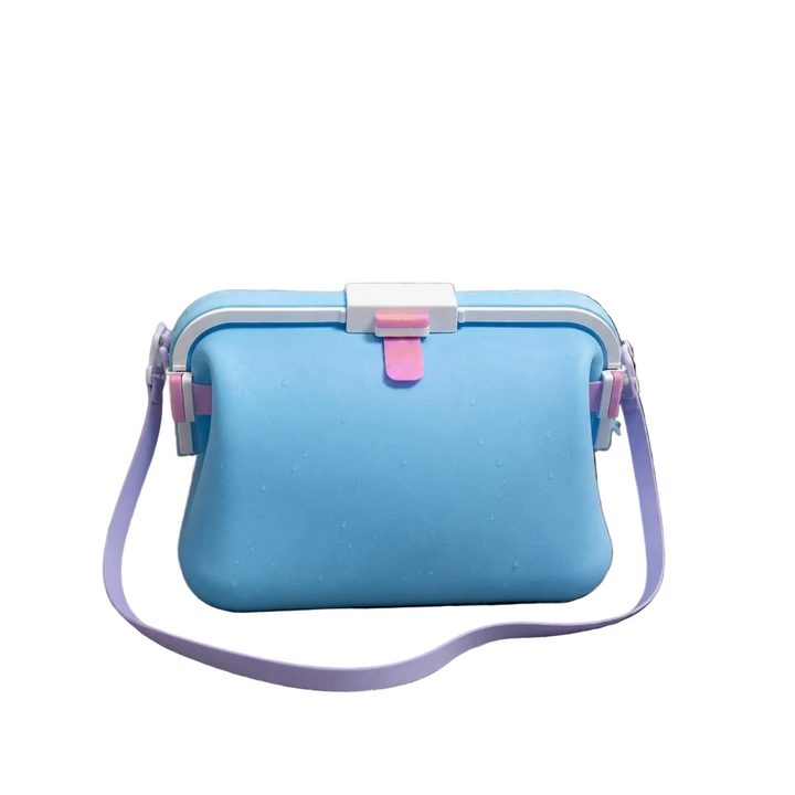 Blue silicone shoulder bag with a purple strap and pink front clasp.