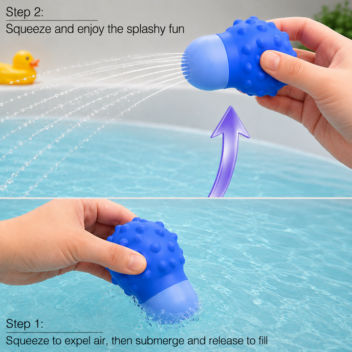 Blue silicone squirter being filled underwater and squeezed to spray