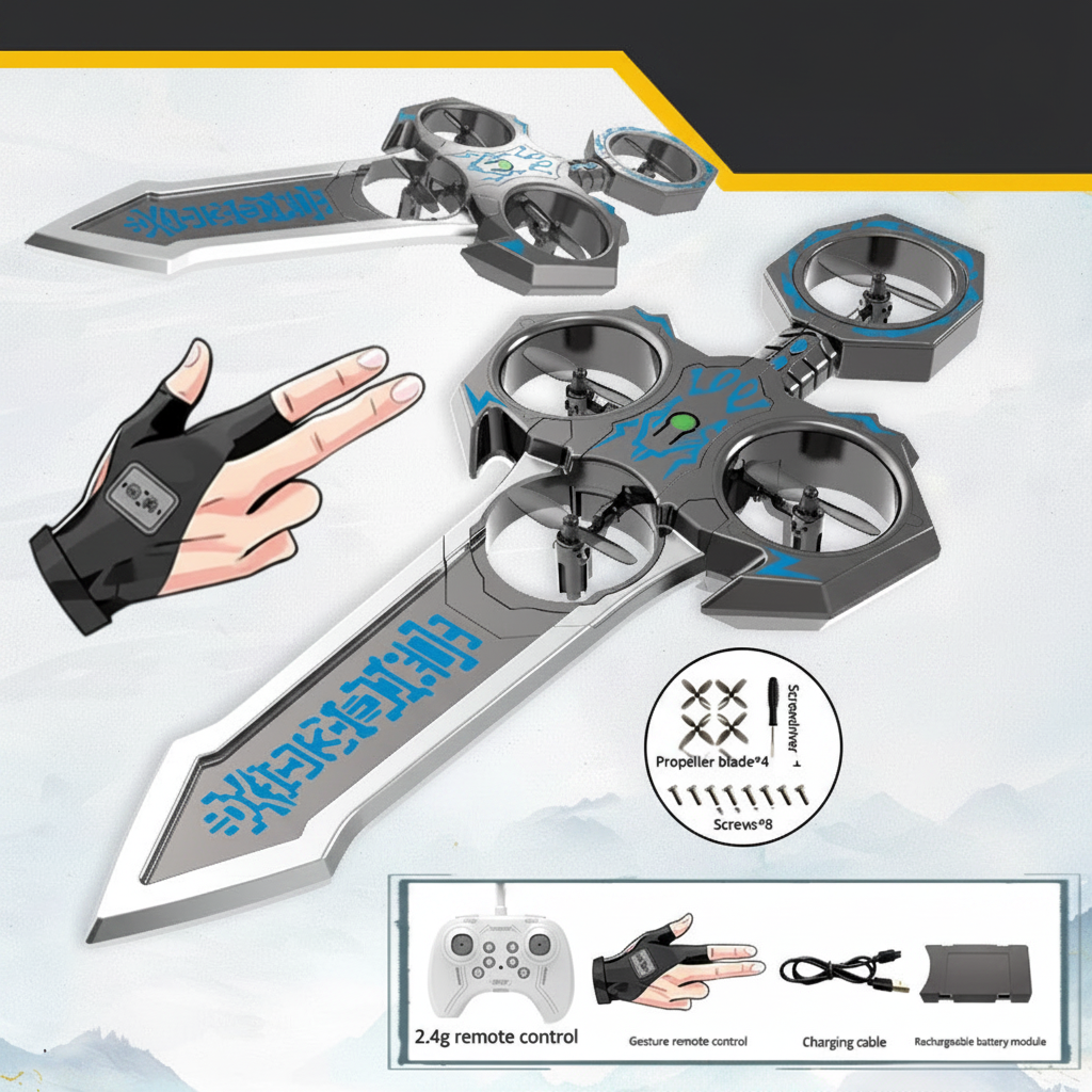 Blue-and-silver flying sword with two controllers, charging cable, battery module, propeller blades, and screws
