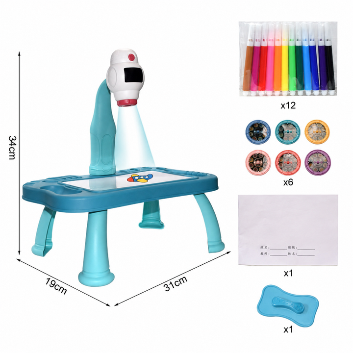 Blue drawing projector with measurements, six picture discs, 12 coloring pens and drawing paper