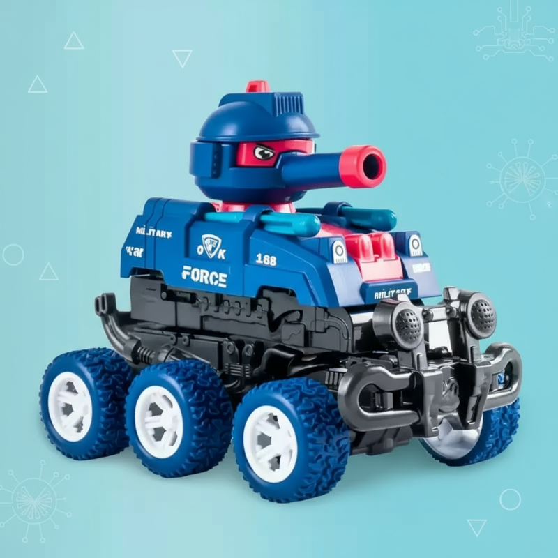 Blue toy tank in compact form with six wheels and a red-tipped cannon