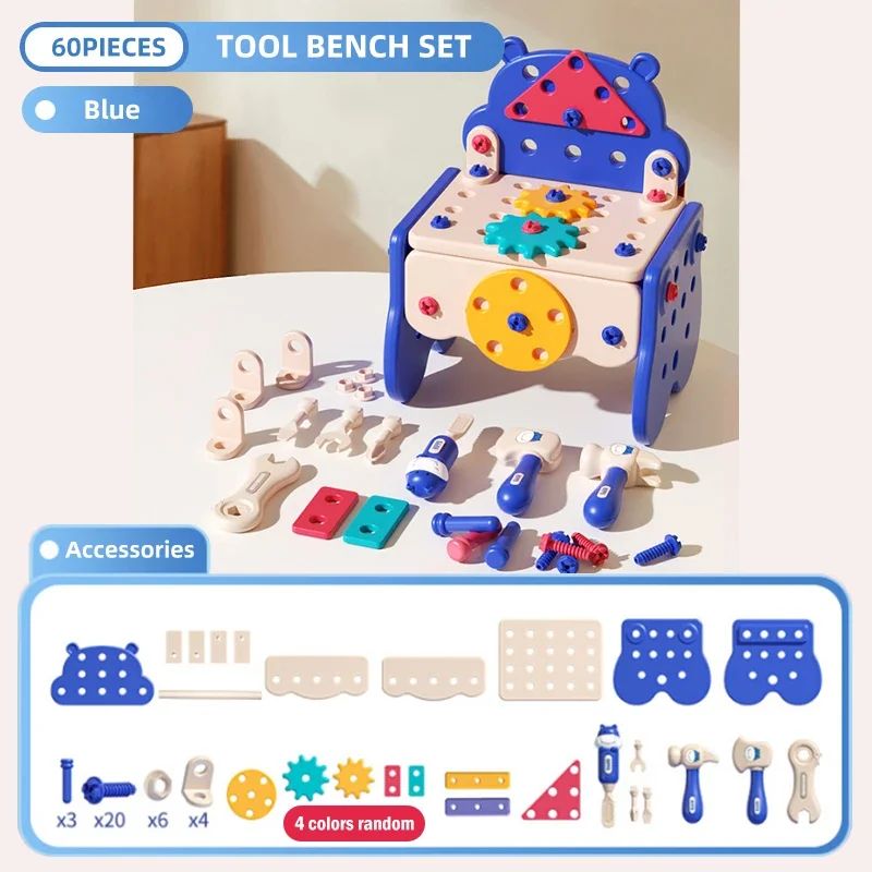Blue 60-piece toy workbench set with tools, screws, nuts, gears, and perforated building pieces