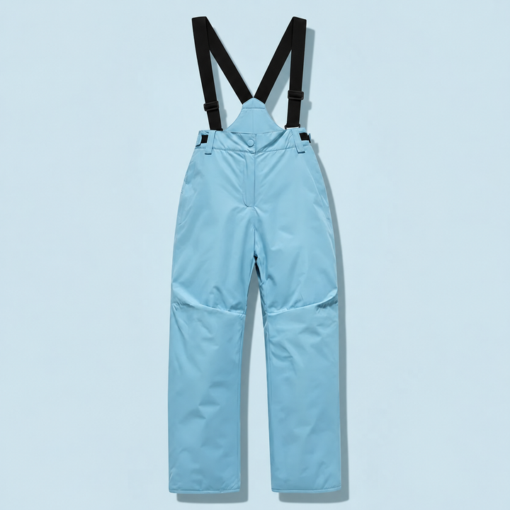 Blue ski pants with black suspenders and a snap-button waist