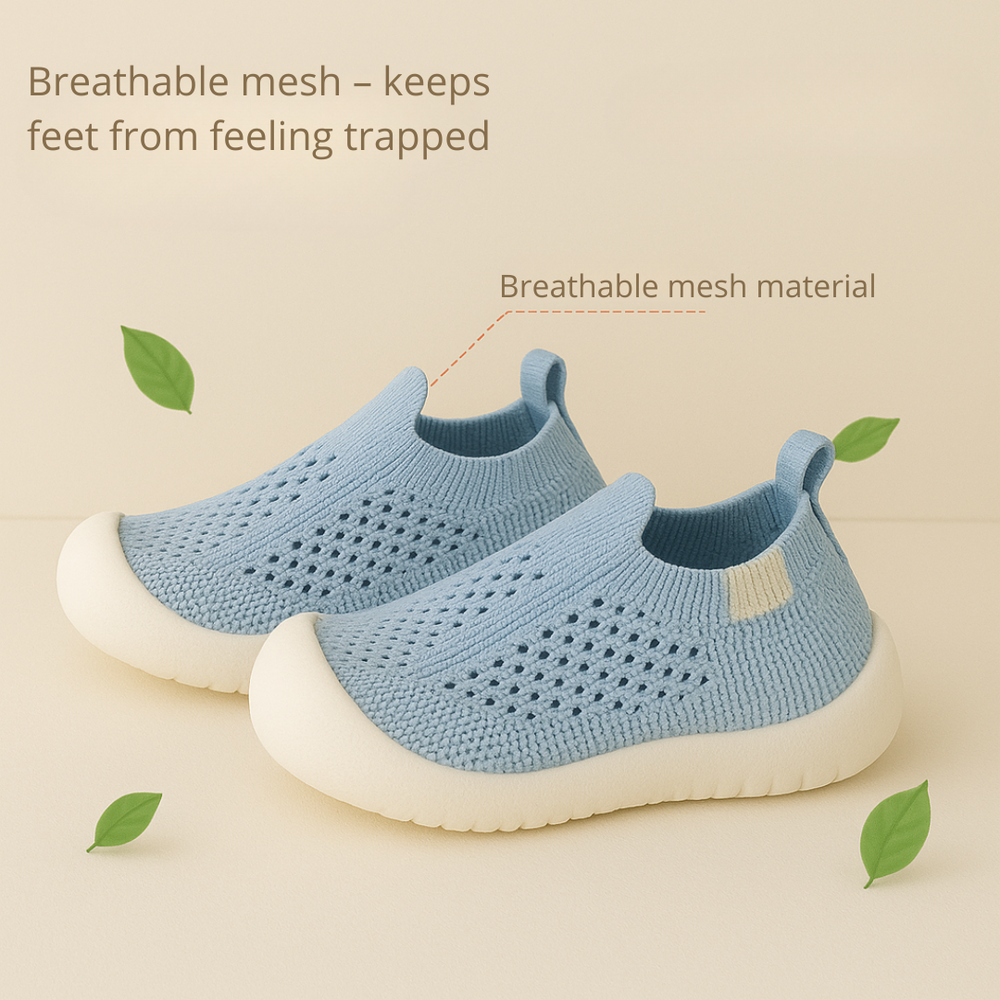 Blue slip-on sneakers with breathable open-knit mesh uppers and light-colored soles.