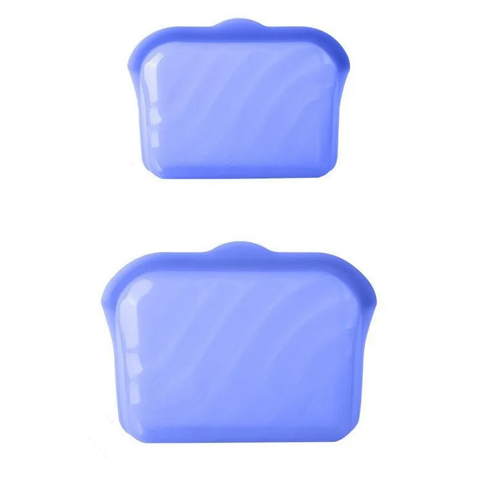 Small and large blue silicone food storage bags shown together.