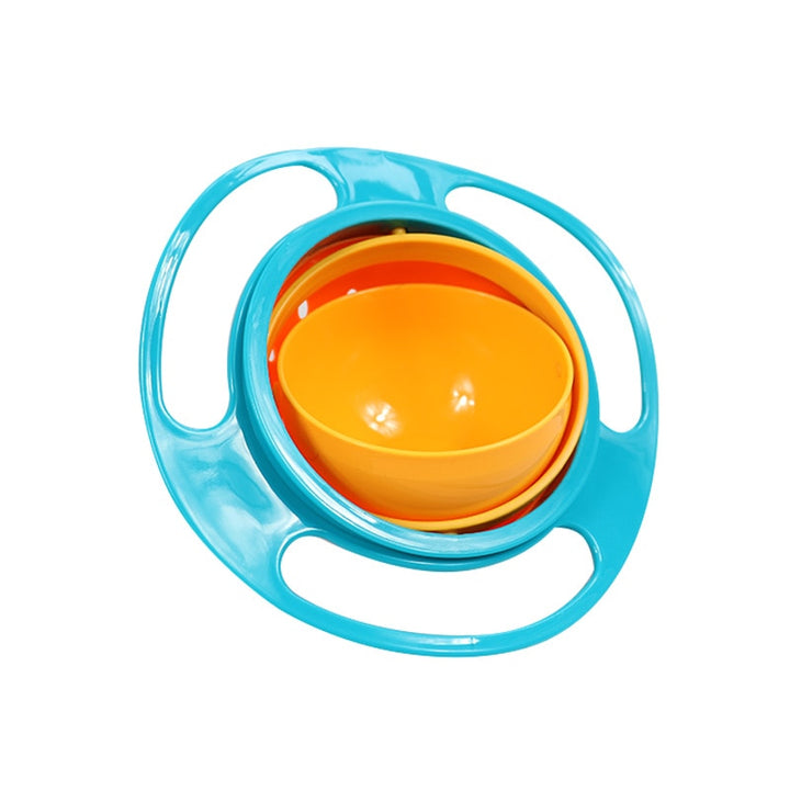 Blue snack bowl showing its orange interior and three-handle outer frame
