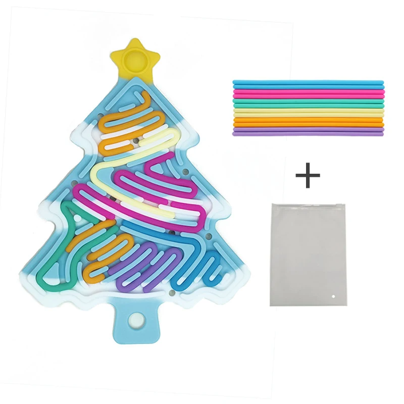 Blue snow-accented Christmas tree fidget with colorful cords and a storage bag
