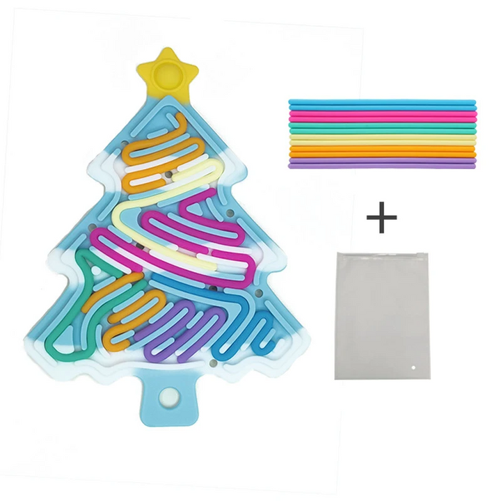 Blue snow-accented Christmas tree fidget with colorful cords and a storage bag