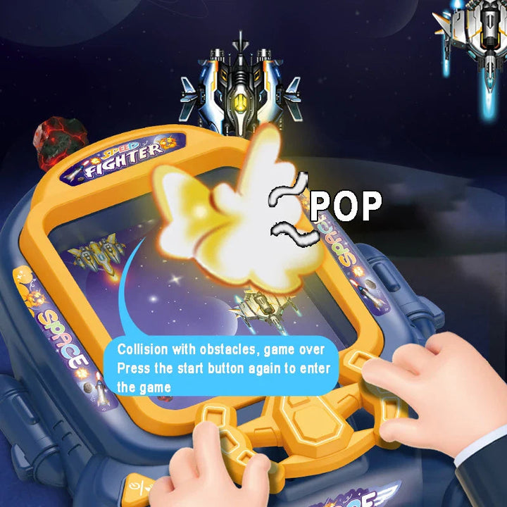 Blue space arcade game showing an obstacle collision and restart instructions