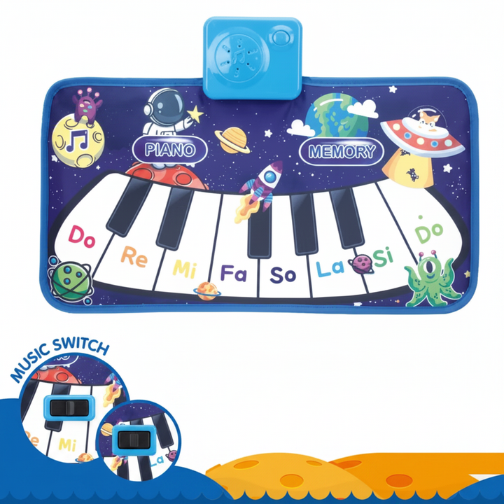 Blue space piano mat with solfege note labels and a close-up of the music switch