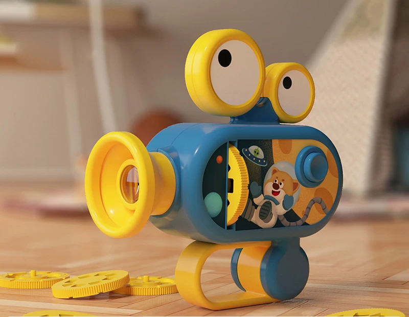 Blue and yellow projector flashlight with space artwork and picture discs