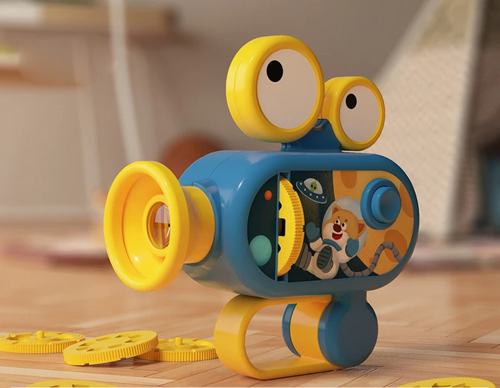 Blue and yellow projector flashlight with space artwork and picture discs