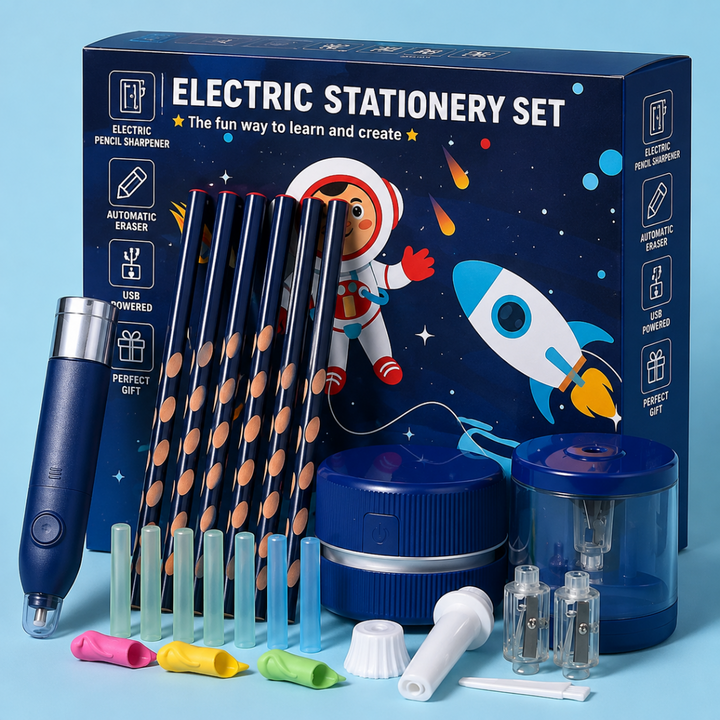 Blue electric stationery set with space-themed box, pencils, eraser, sharpener, and cleaning tools