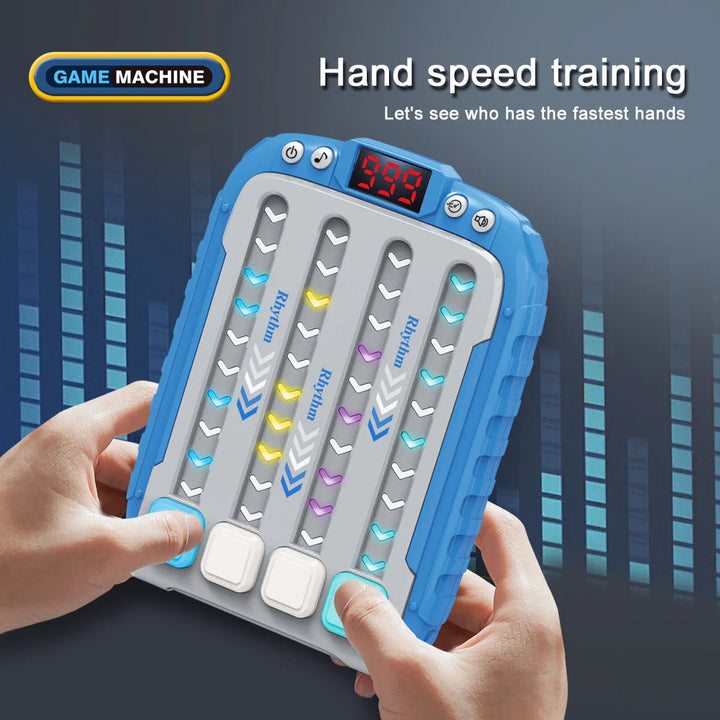 Hands holding a blue speed game with illuminated tracks and four buttons