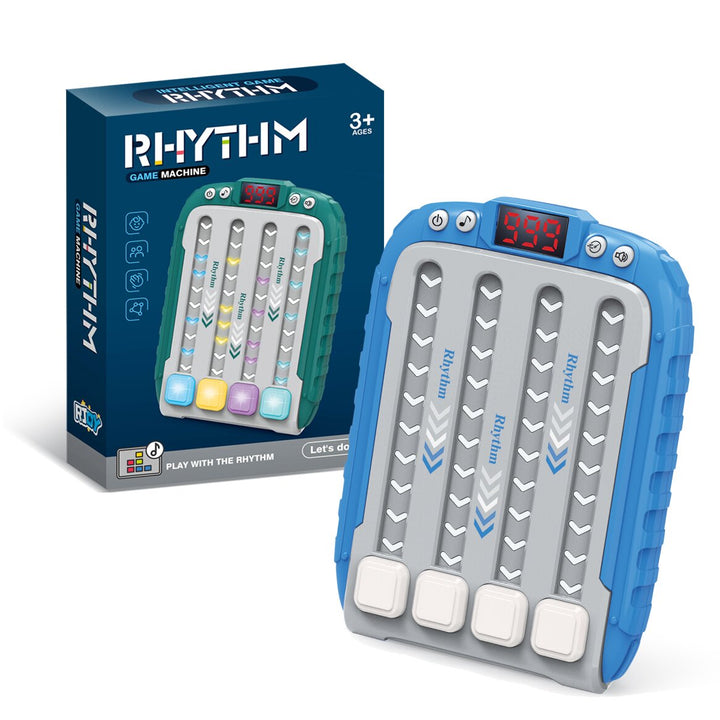 Blue four-button speed game beside its retail box