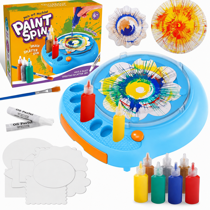 Blue spin painting kit with paint bottles, white crayons, a brush, and assorted artboards