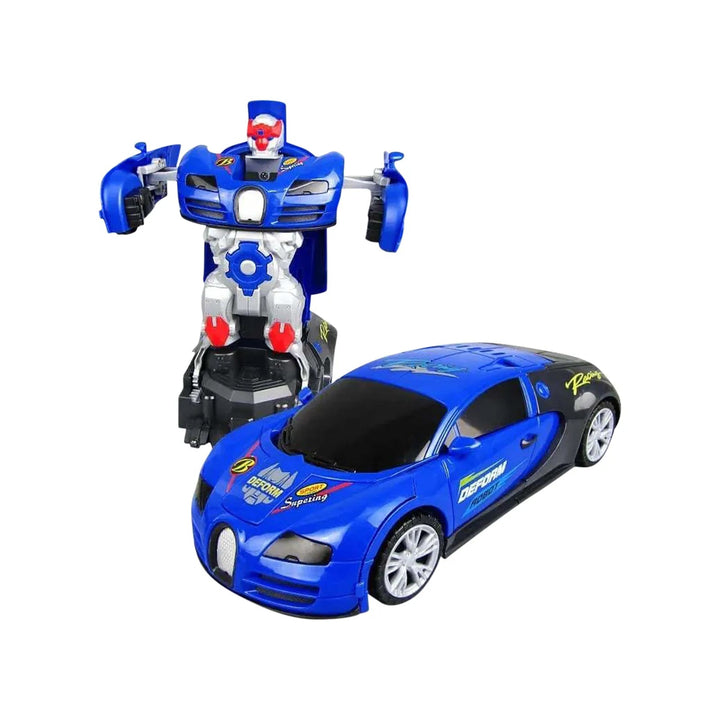 Blue sports car toy shown in car and upright robot forms