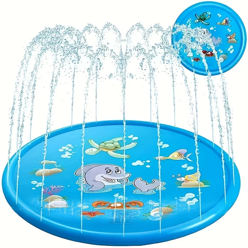 Blue round sprinkler mat with arching water jets and an inset view of the sea animal print