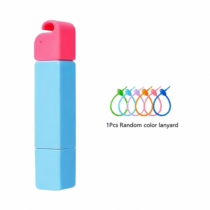 Blue stain remover pen with a pink cap and assorted lanyard colors shown